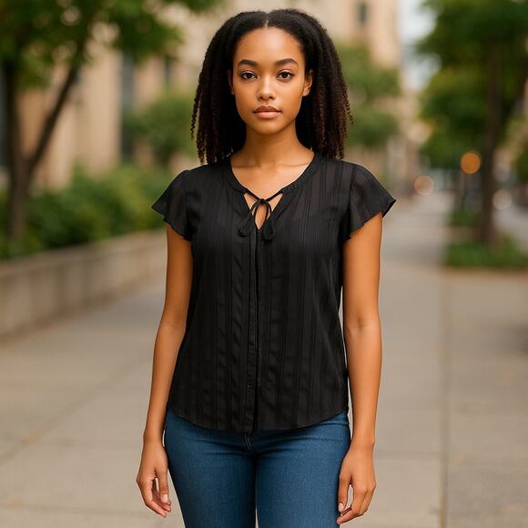 J.O.A Cap Sleeve Black Metallic Shimmer Tie Neck Blouse NWT size XS - Picture 12 of 12